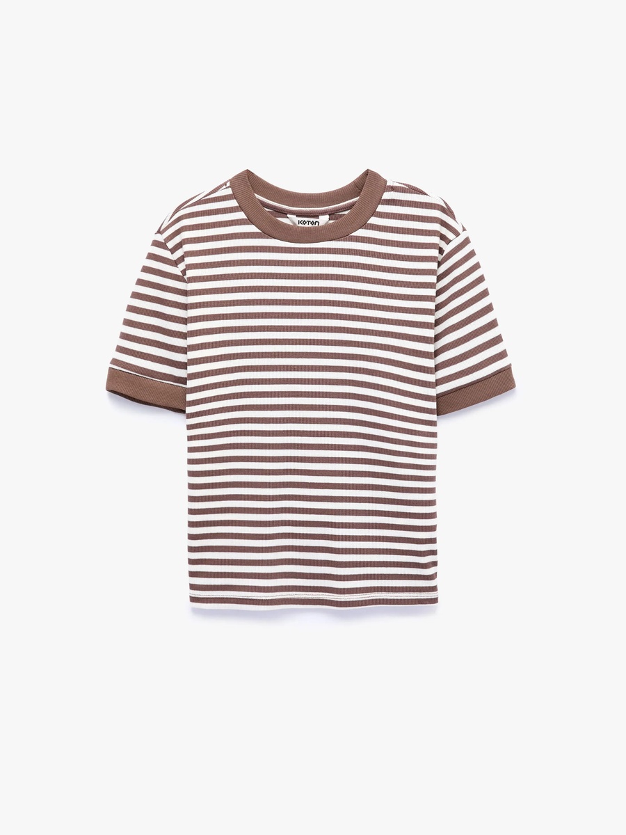 Womens Brown Striped Crew Neck T-Shirt