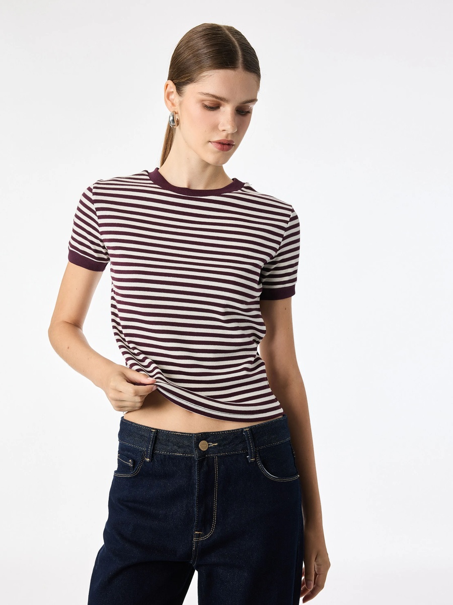 Womens Striped Crew Neck Cotton T-Shirt - Burgundy