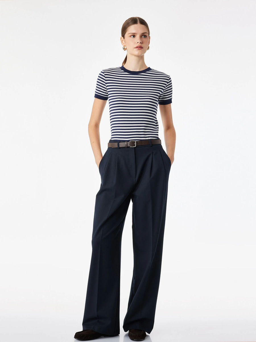 Womens Navy Blue Striped Cotton Crew Neck T-Shirt