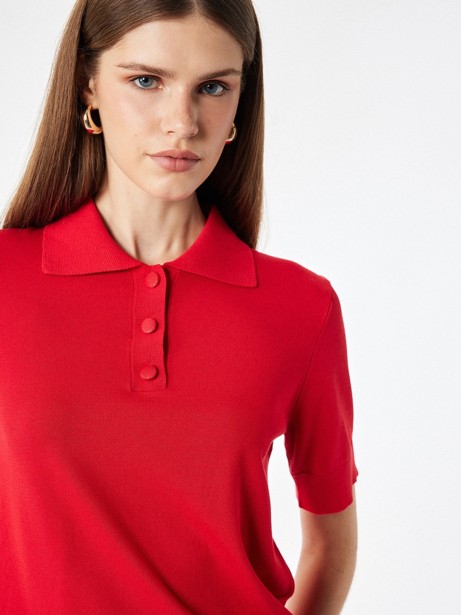 Womens Red Knit Polo T-Shirt with Short Sleeves