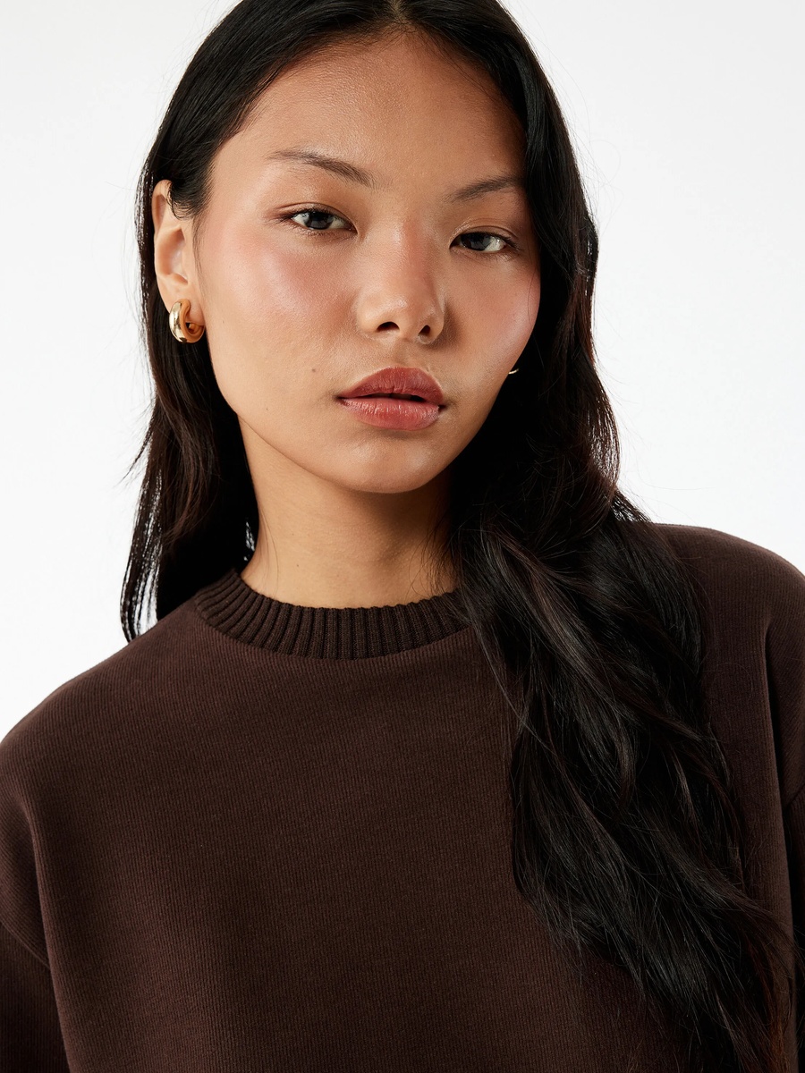 Womens Brown Woven Crew Neck Long Sleeve T-Shirt
