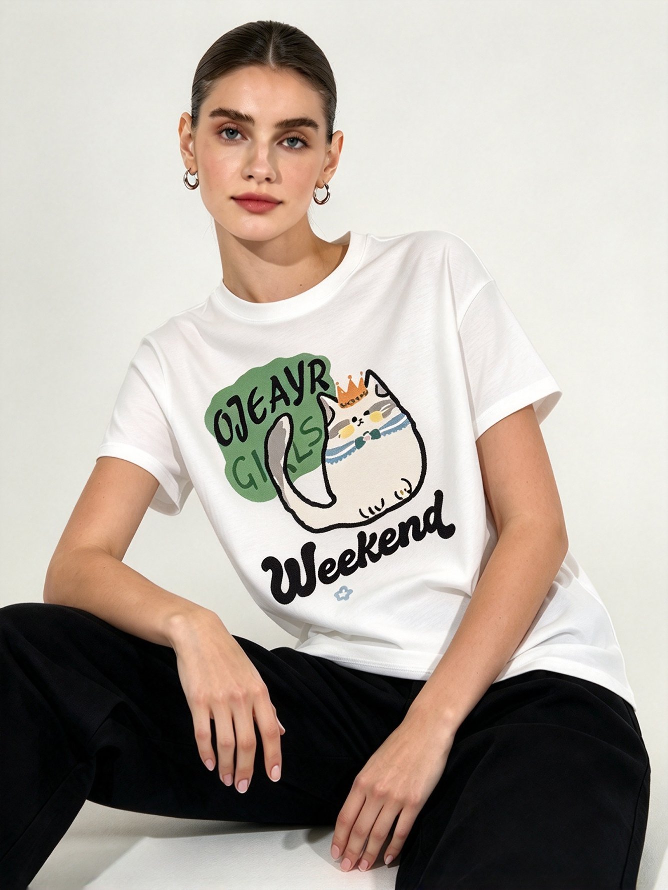 White Printed Round Neck Regular T-Shirt