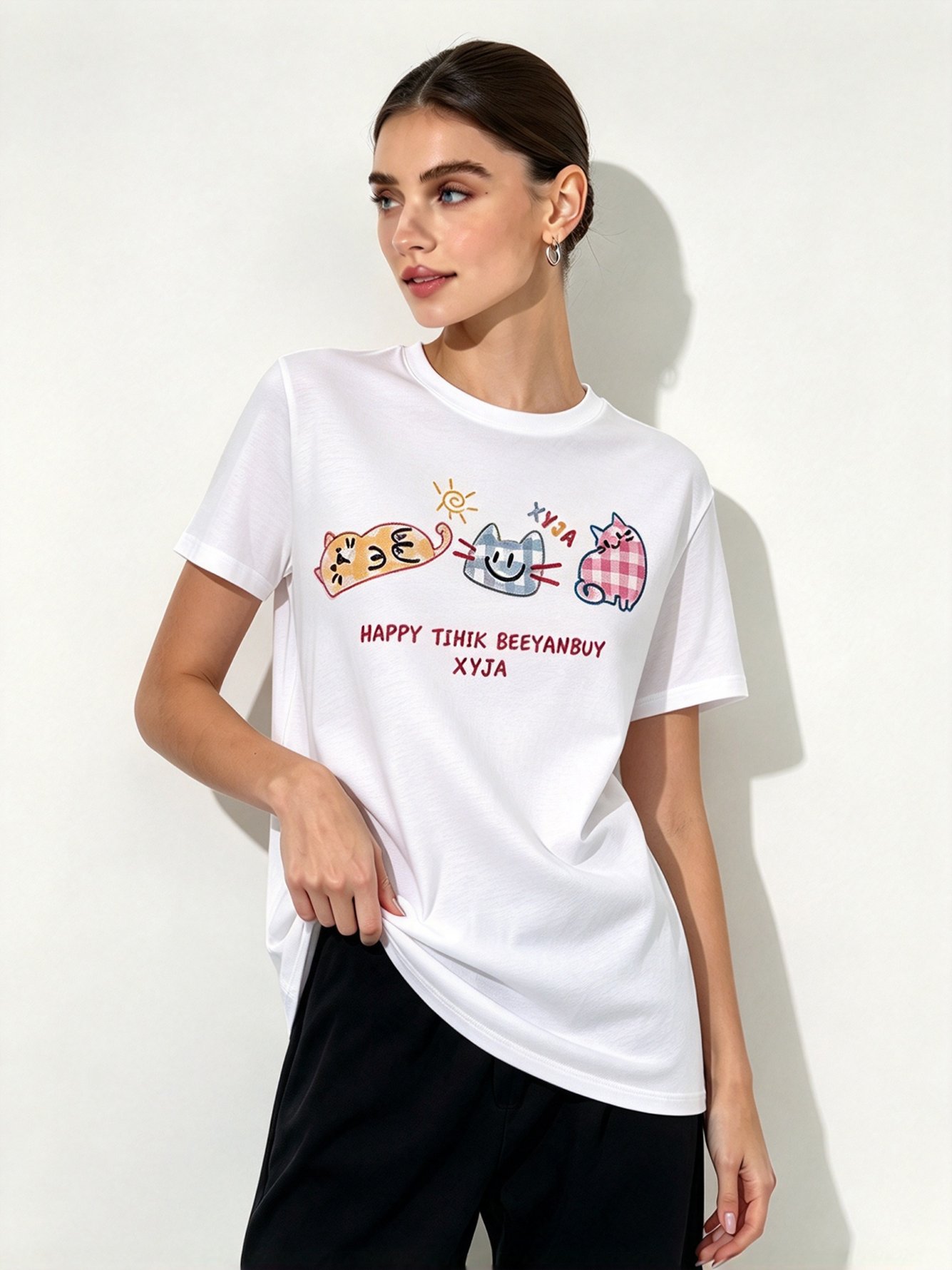 White Printed Round Neck Regular T-Shirt