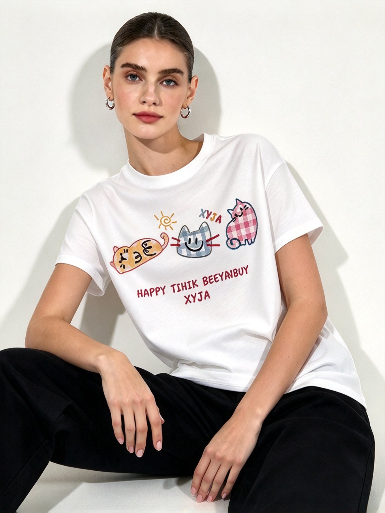 White Printed Round Neck Regular T-Shirt