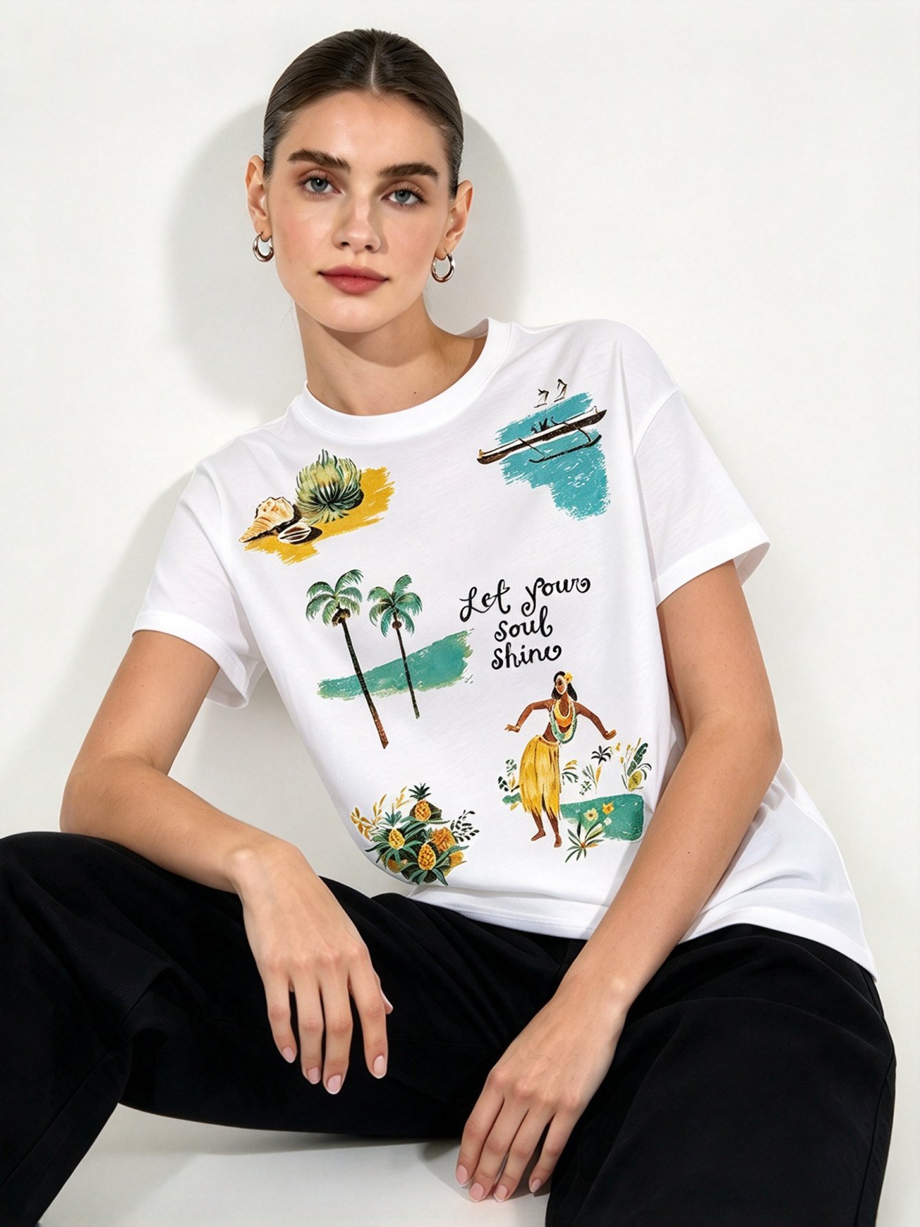 White Printed Round Neck Regular T-Shirt