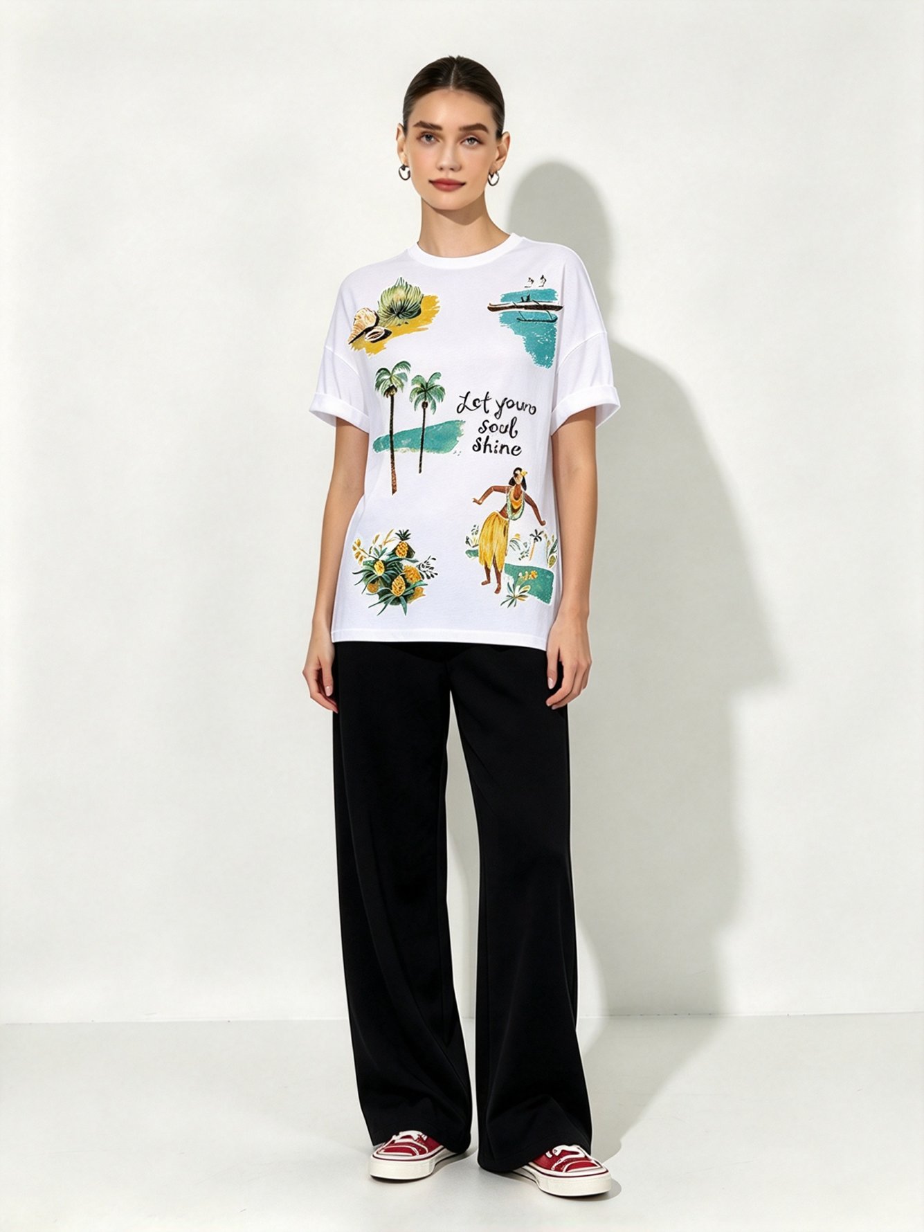 White Printed Round Neck Regular T-Shirt
