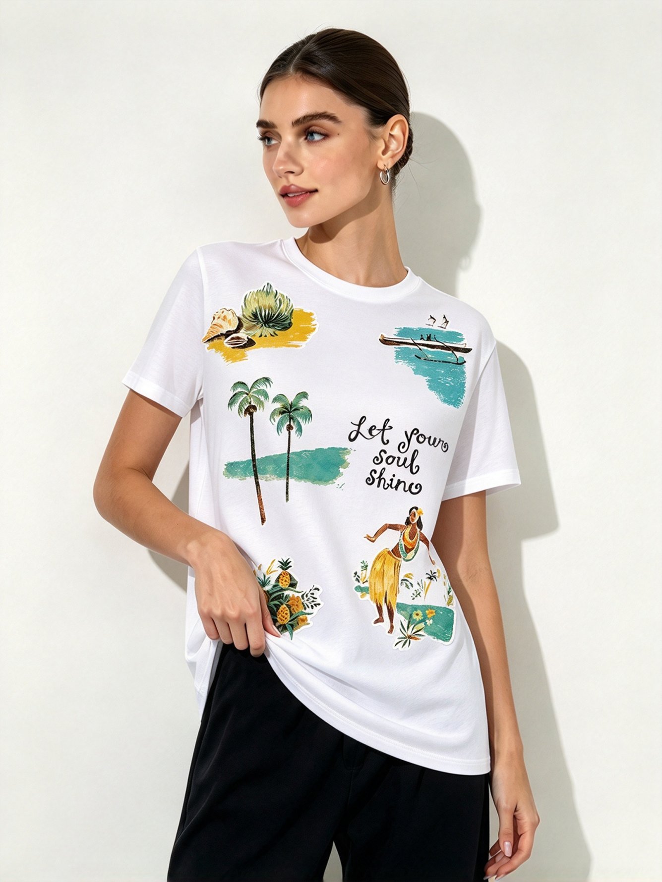 White Printed Round Neck Regular T-Shirt