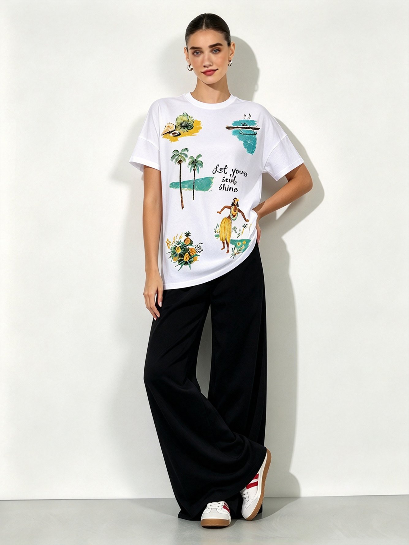 White Printed Round Neck Regular T-Shirt