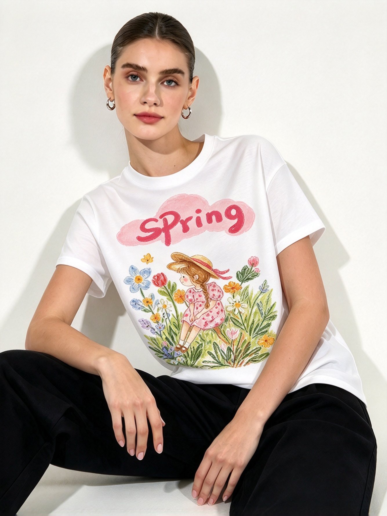 White Printed Round Neck Regular T-Shirt