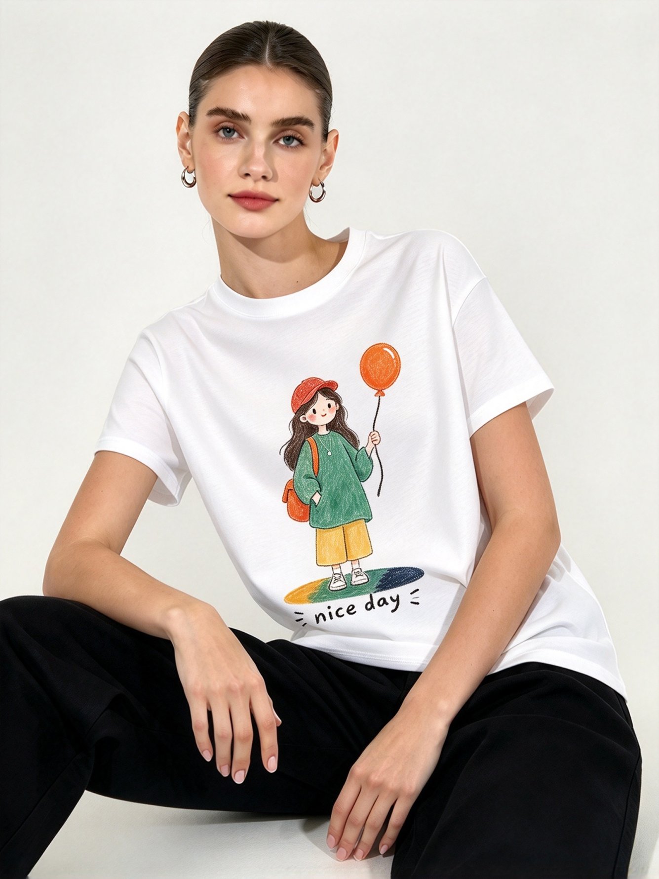 White Printed Round Neck Regular T-Shirt