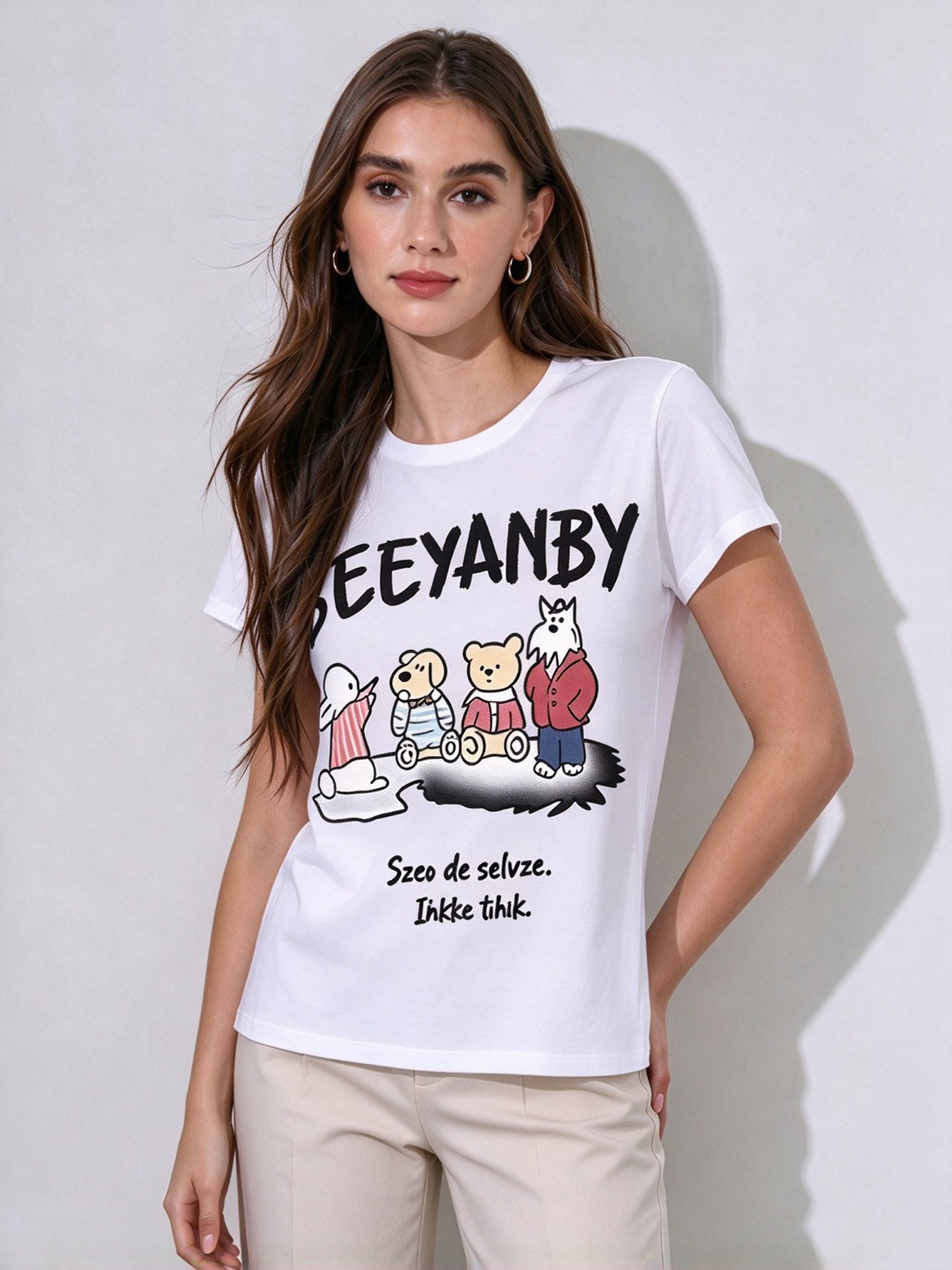 White Printed Round Neck Regular T-Shirt