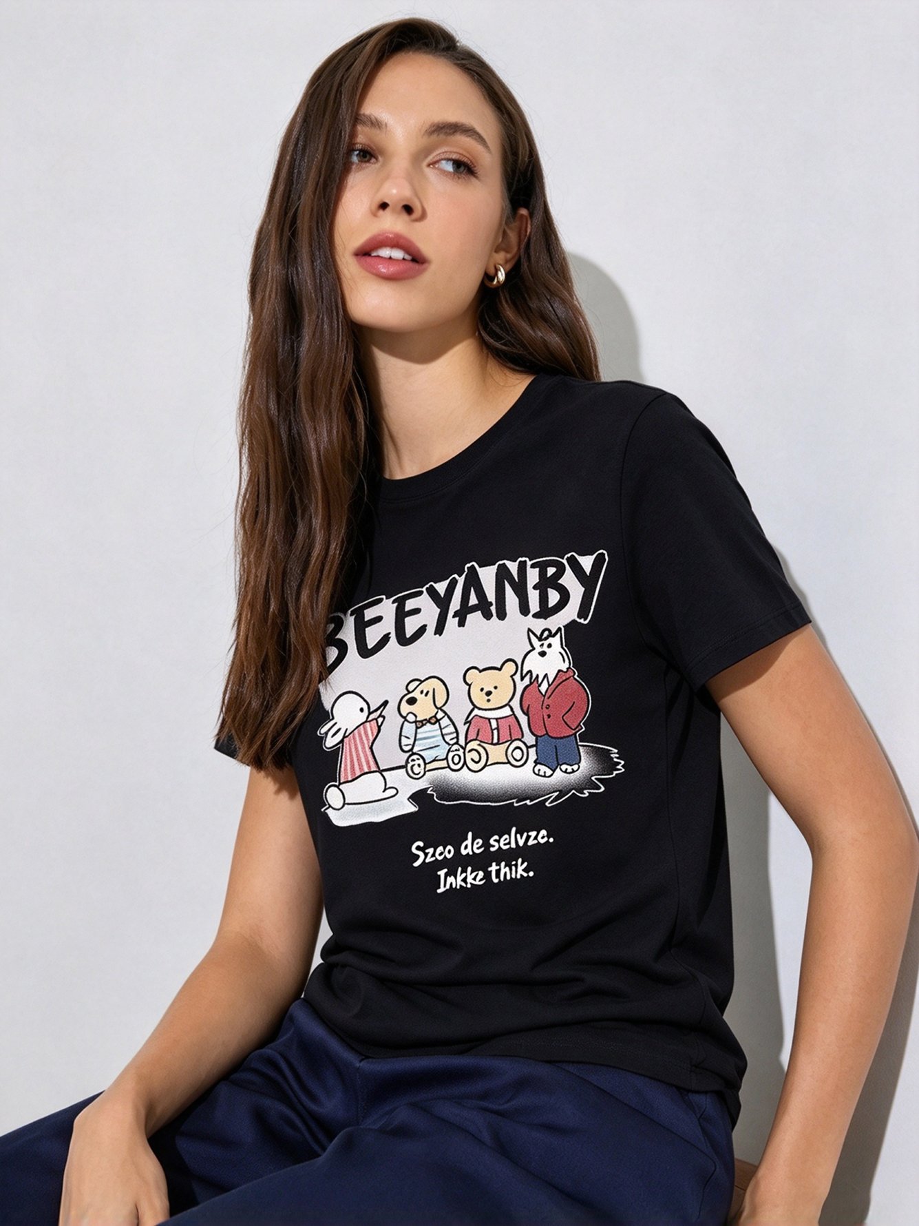 Black Printed Round Neck Regular T-Shirt