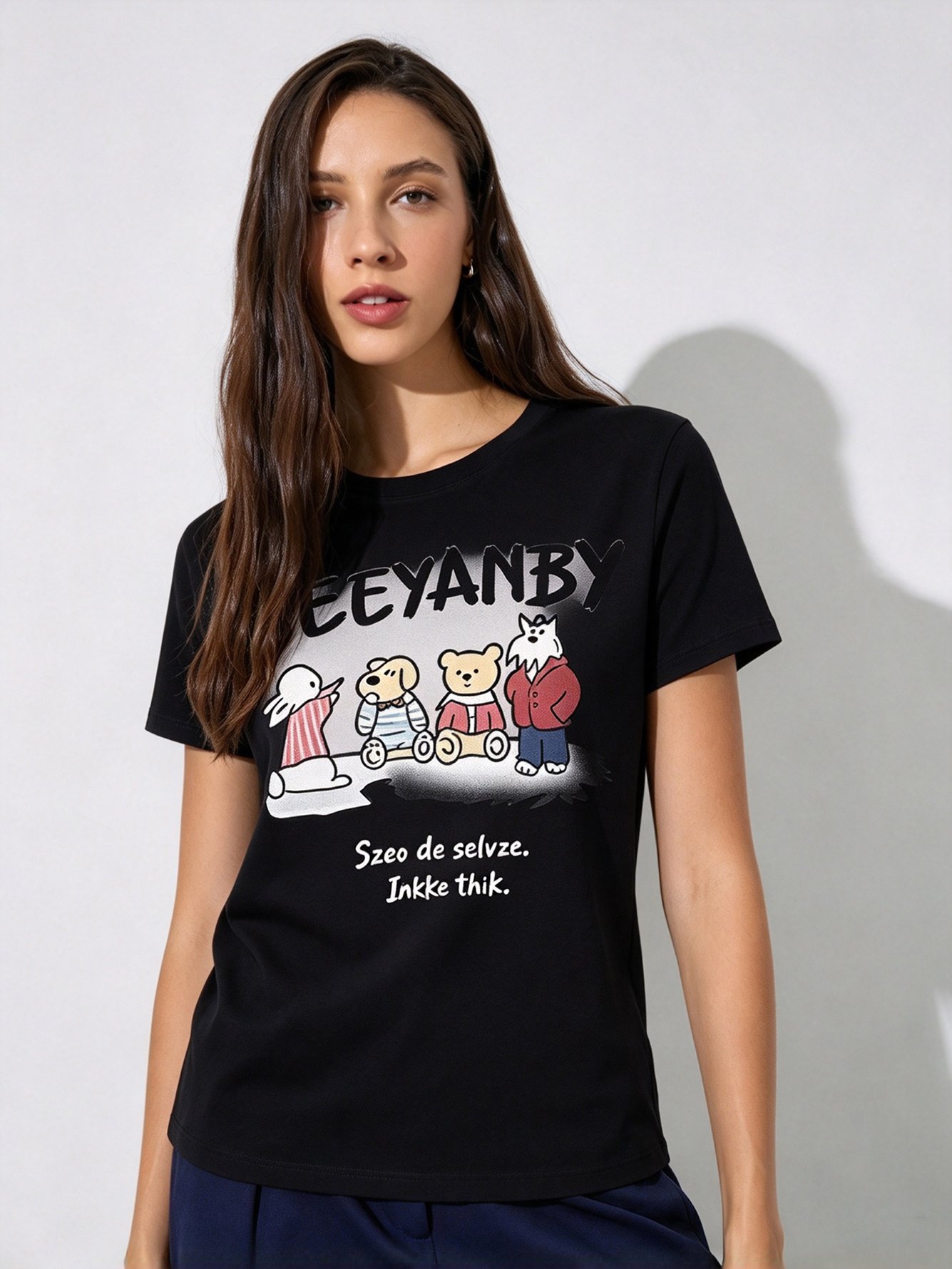 Black Printed Round Neck Regular T-Shirt
