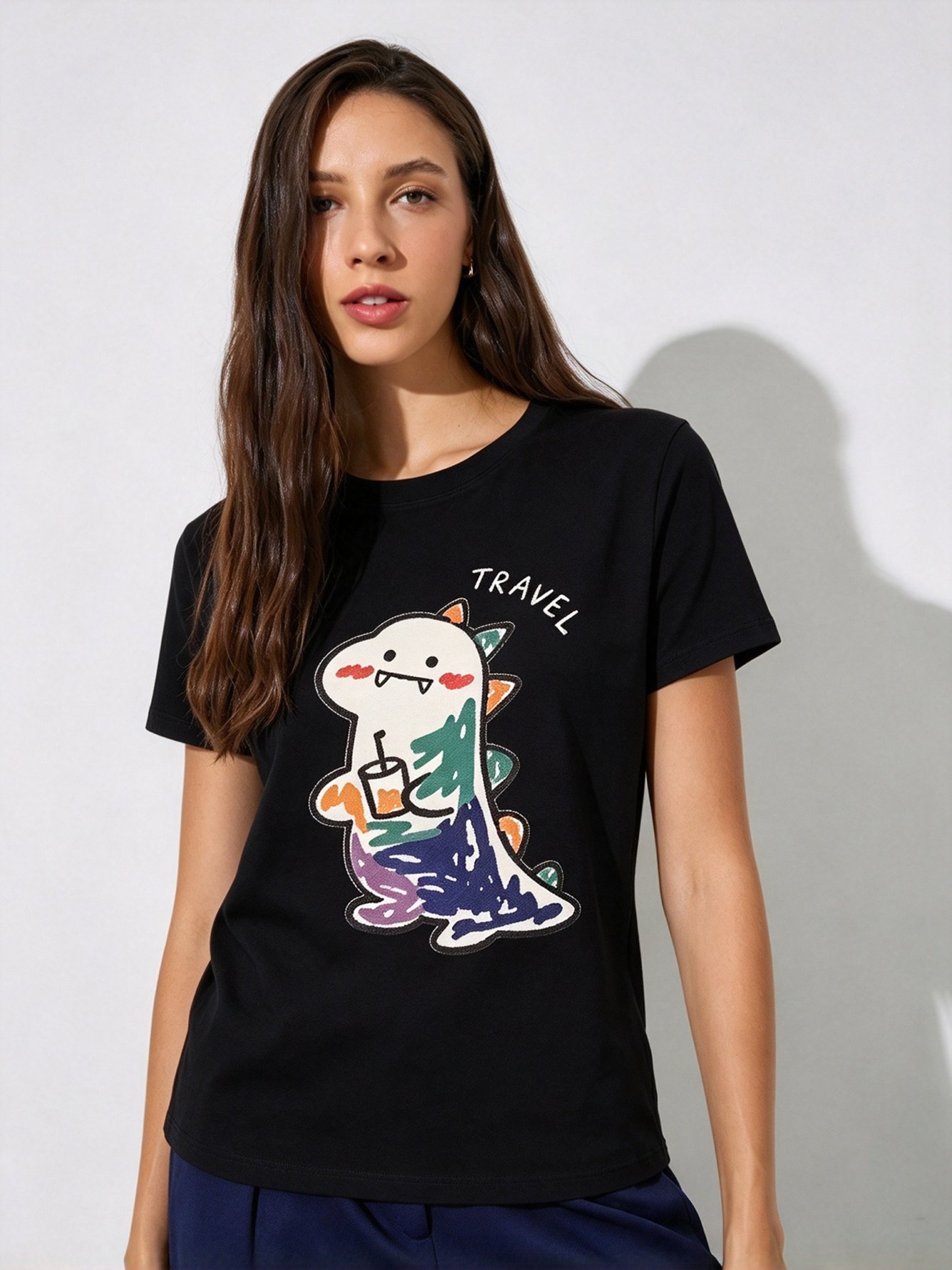 Black Printed Round Neck Regular T-Shirt