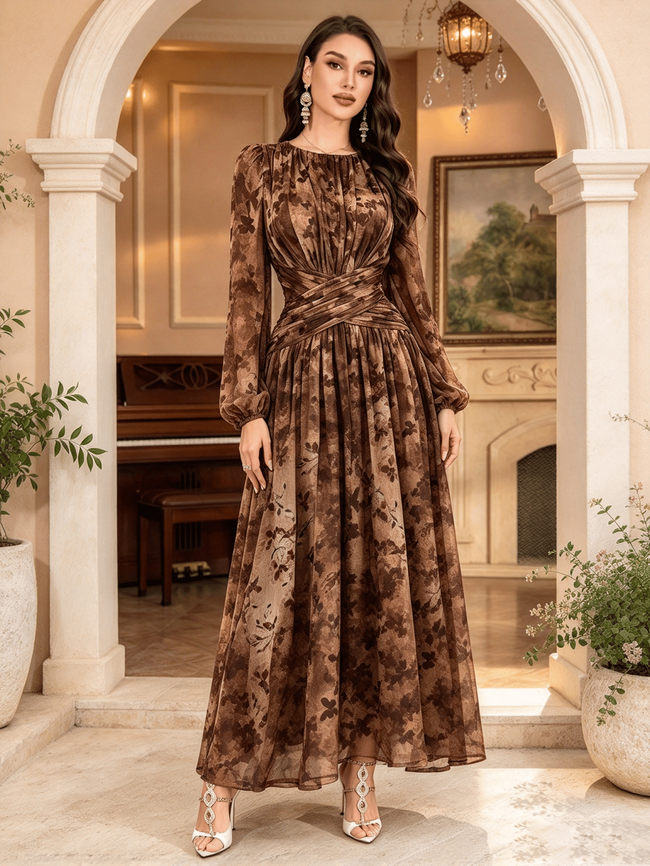 Brown Solid Round Neck A-Line Maxi Dress