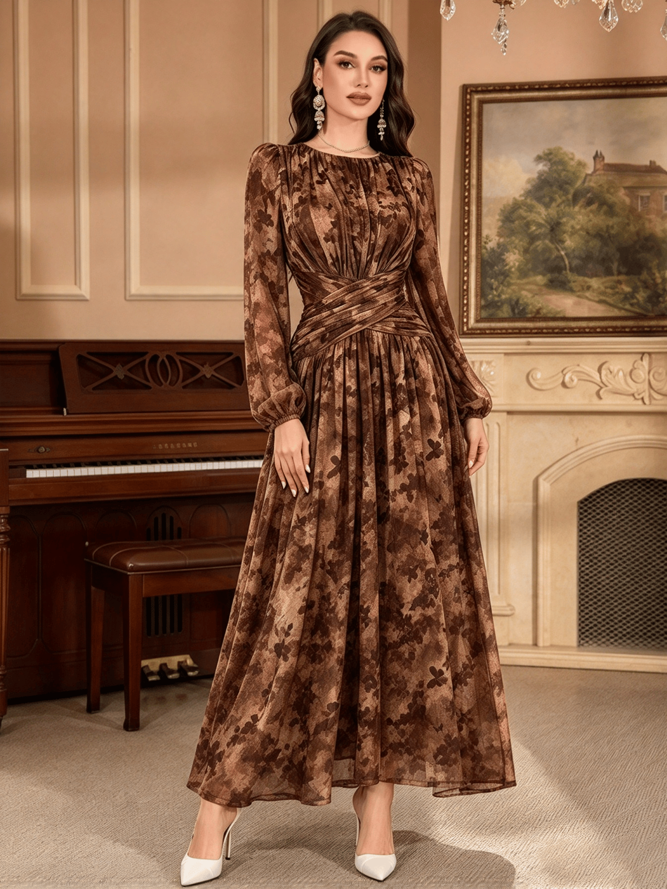 Brown Solid Round Neck A-Line Maxi Dress