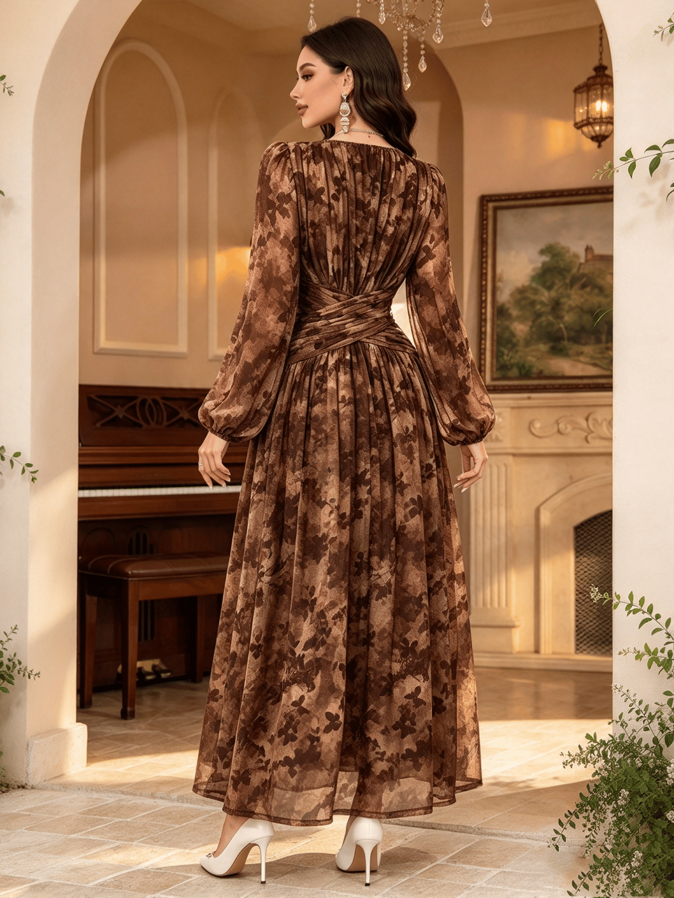 Brown Solid Round Neck A-Line Maxi Dress