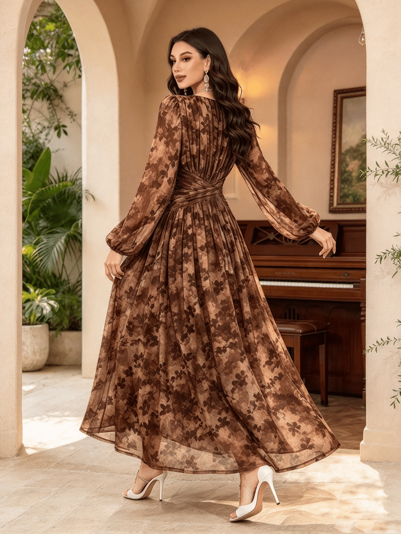 Brown Solid Round Neck A-Line Maxi Dress