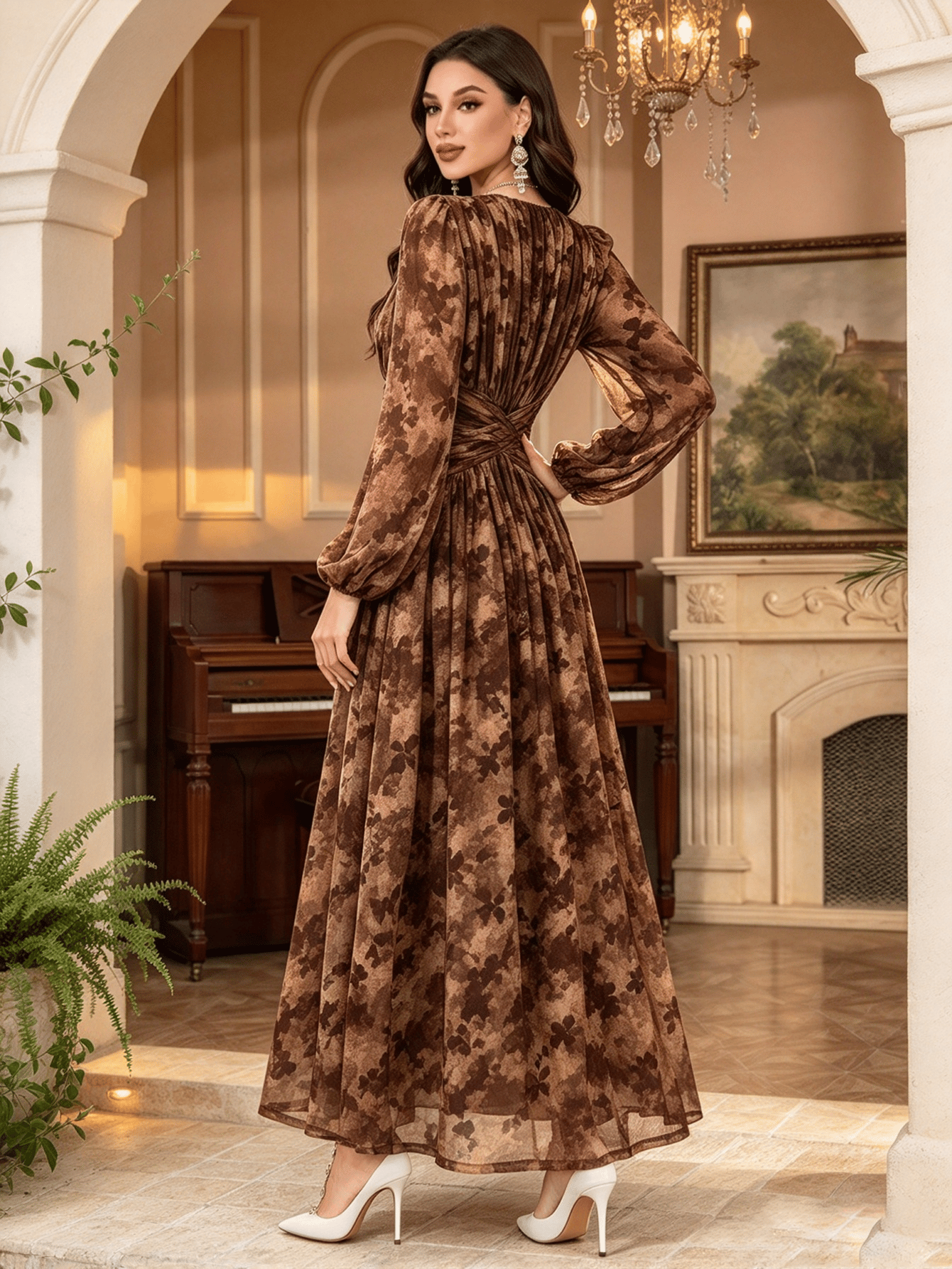 Brown Solid Round Neck A-Line Maxi Dress