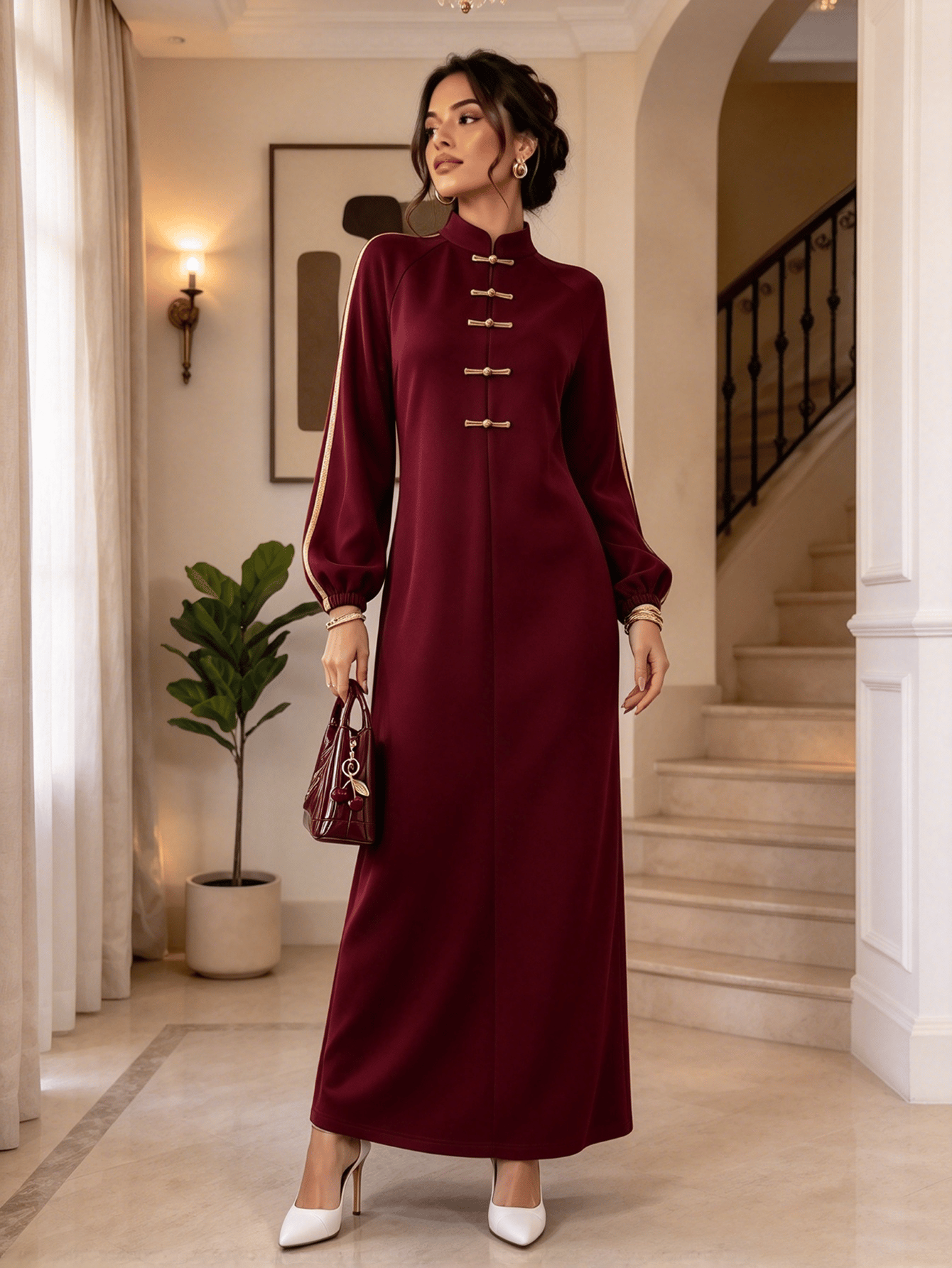Burgundy Solid Collared A-Line Maxi Dress