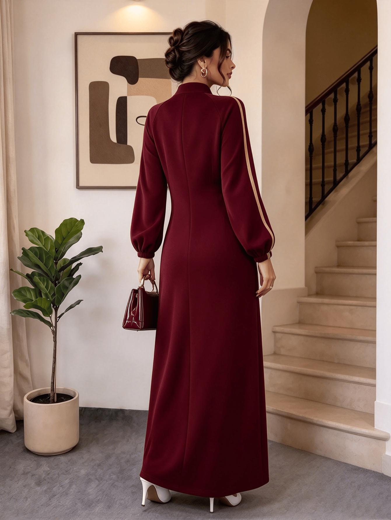 Burgundy Solid Collared A-Line Maxi Dress