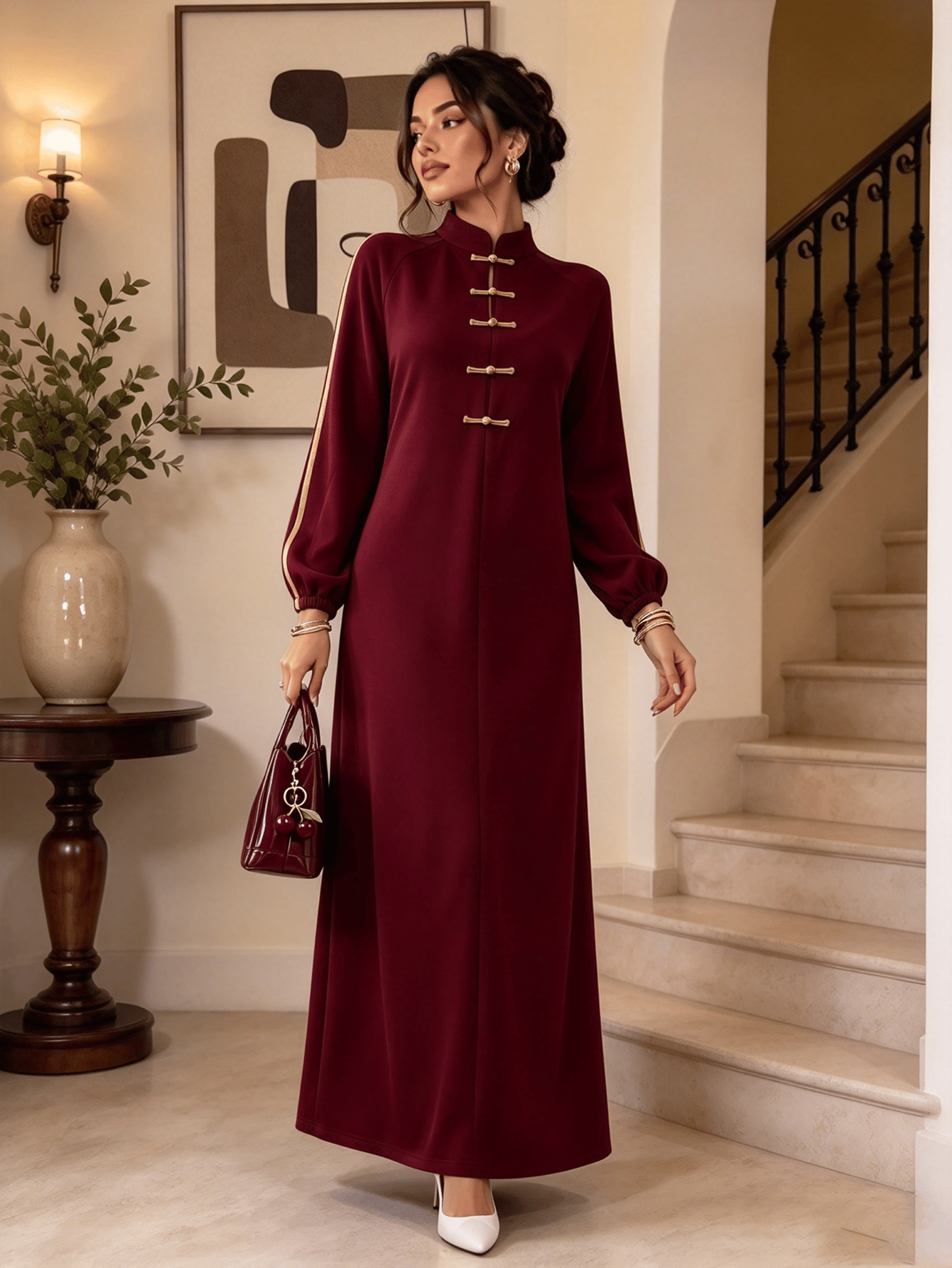 Burgundy Solid Collared A-Line Maxi Dress