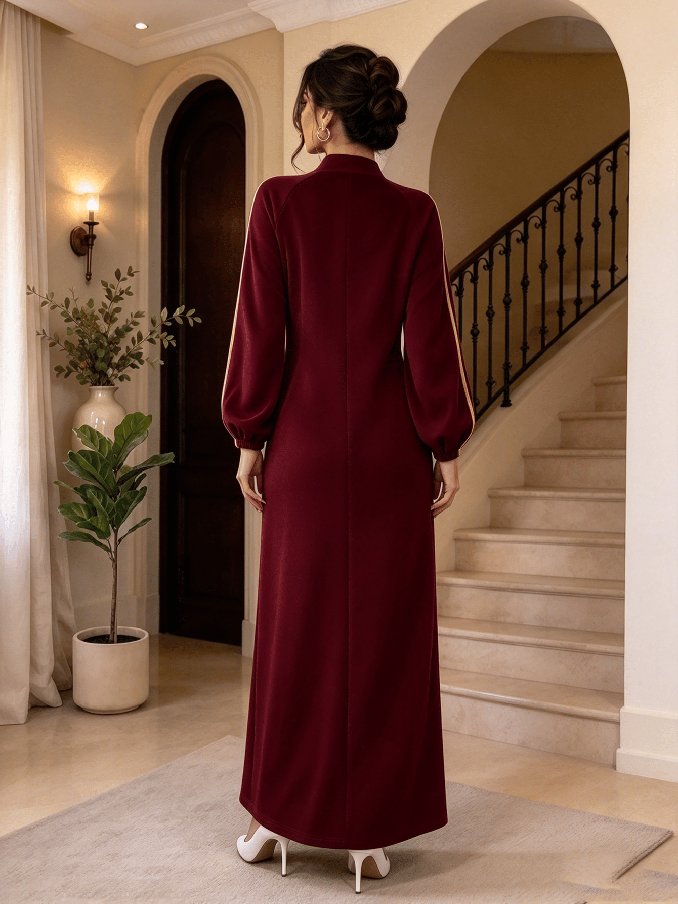 Burgundy Solid Collared A-Line Maxi Dress