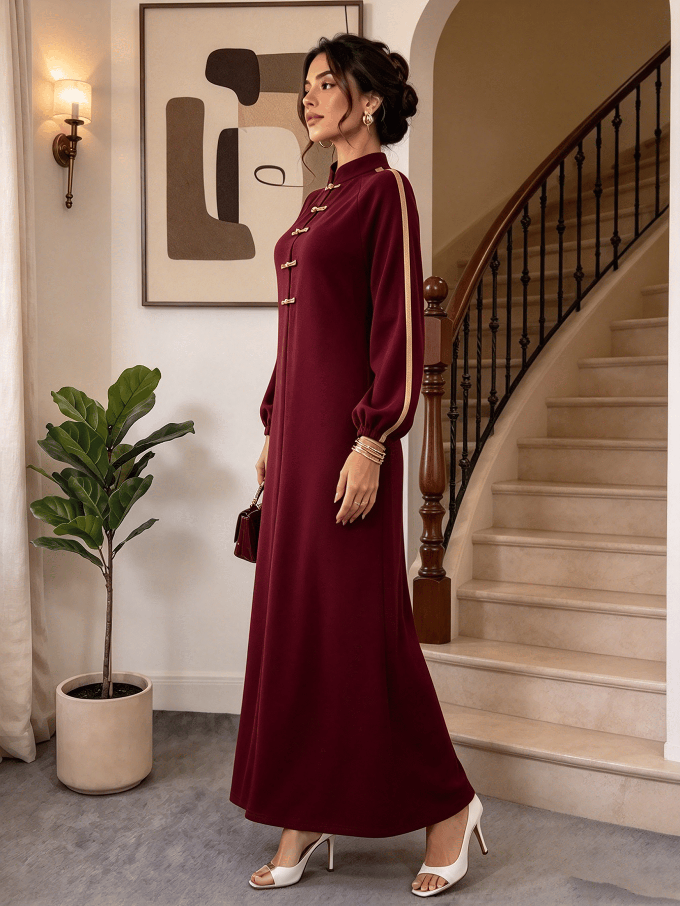 Burgundy Solid Collared A-Line Maxi Dress