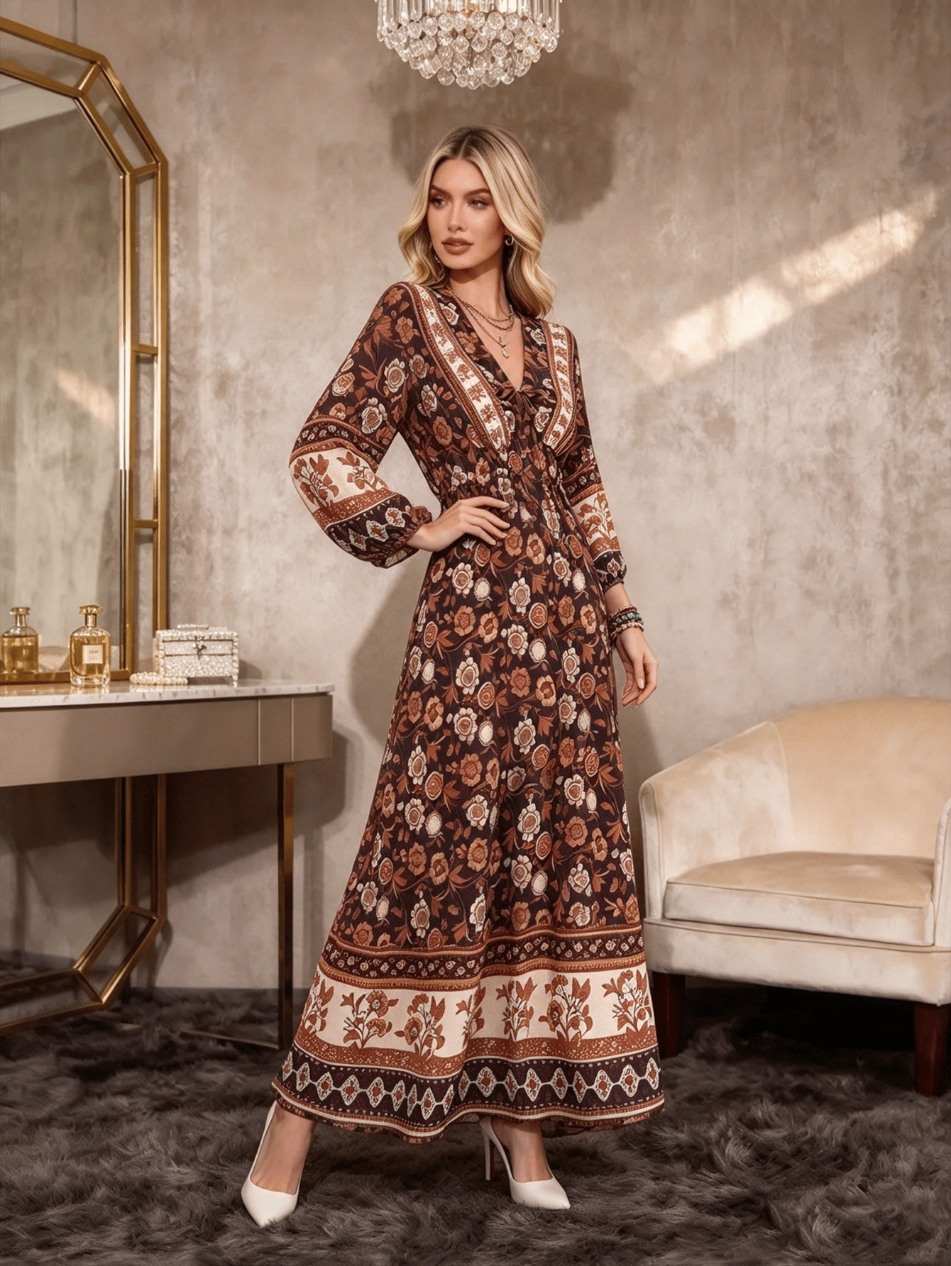 Brown Solid V Neck A-Line Maxi Dress