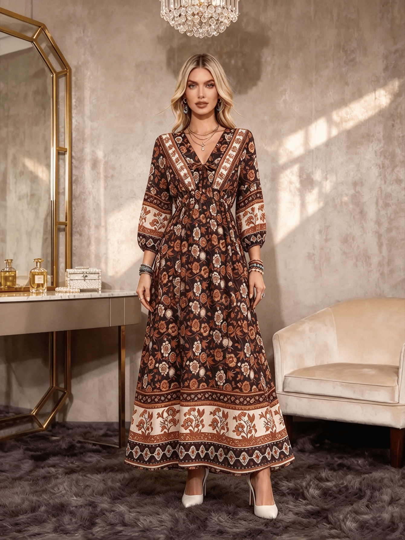 Brown Solid V Neck A-Line Maxi Dress