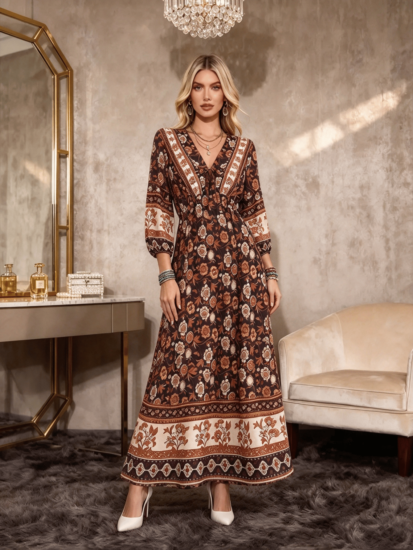Brown Solid V Neck A-Line Maxi Dress