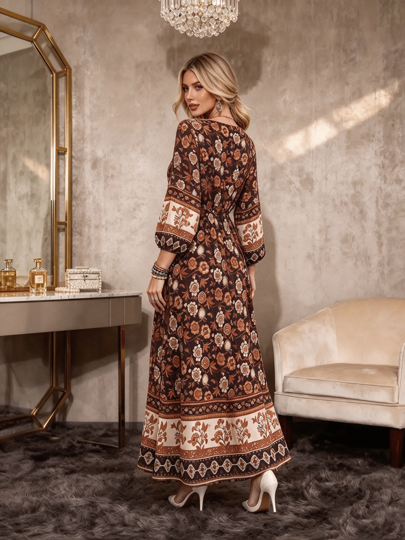 Brown Solid V Neck A-Line Maxi Dress