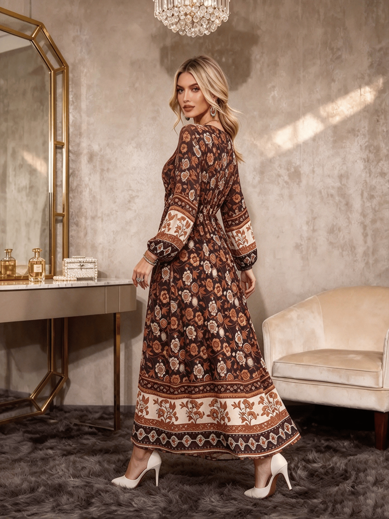 Brown Solid V Neck A-Line Maxi Dress