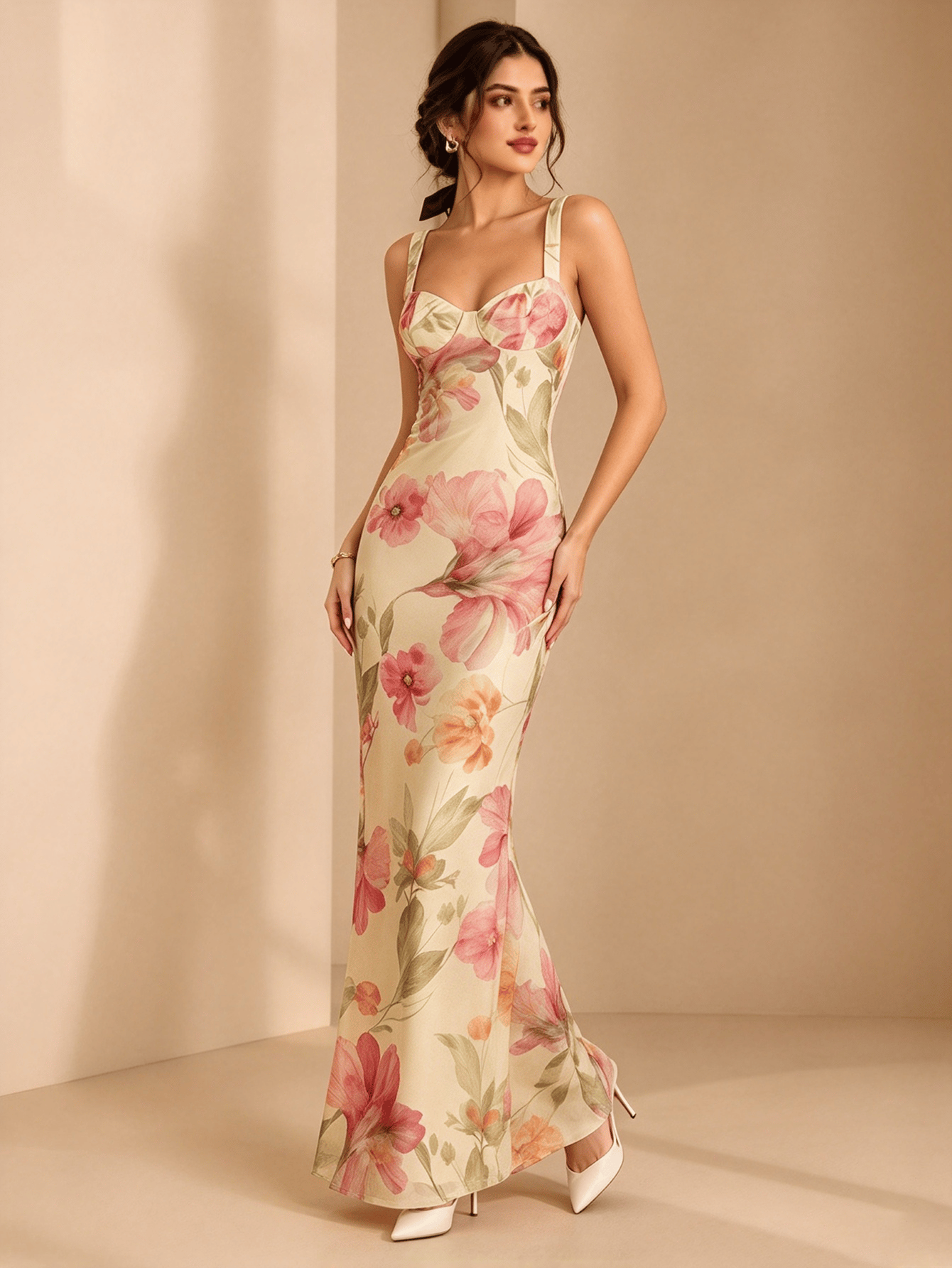 Cream Solid A-Line Maxi Dress