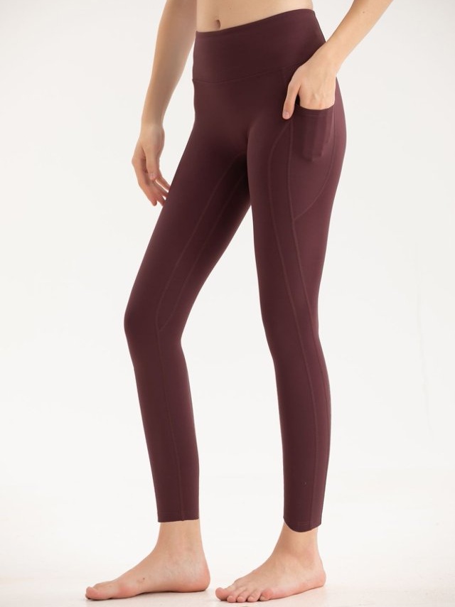 Burgundy Solid Activewear Leggings with Pockets