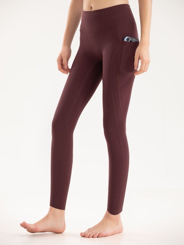 Burgundy Solid Activewear Leggings with Pockets
