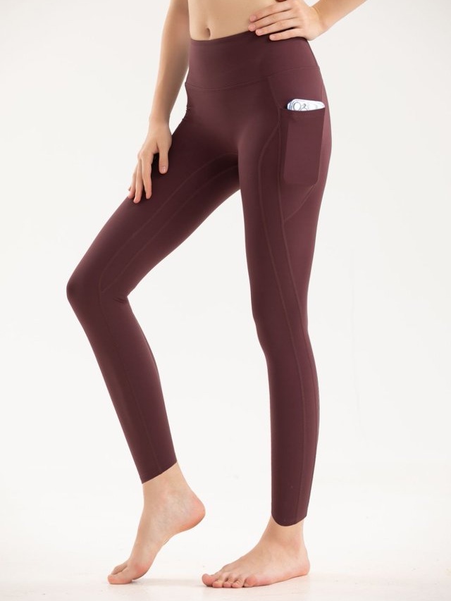 Burgundy Solid Activewear Leggings with Pockets