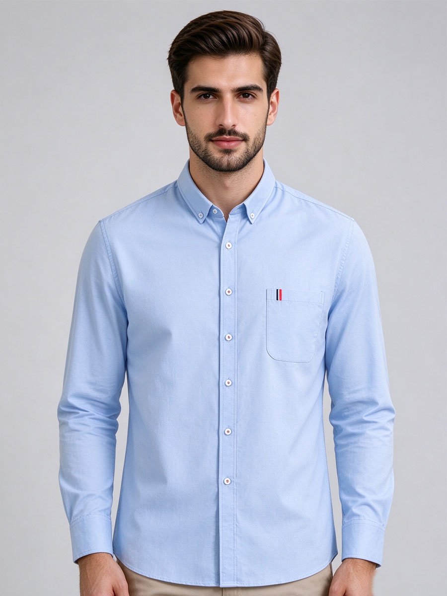 Light Blue Solid Long Sleeves Slim Shirt