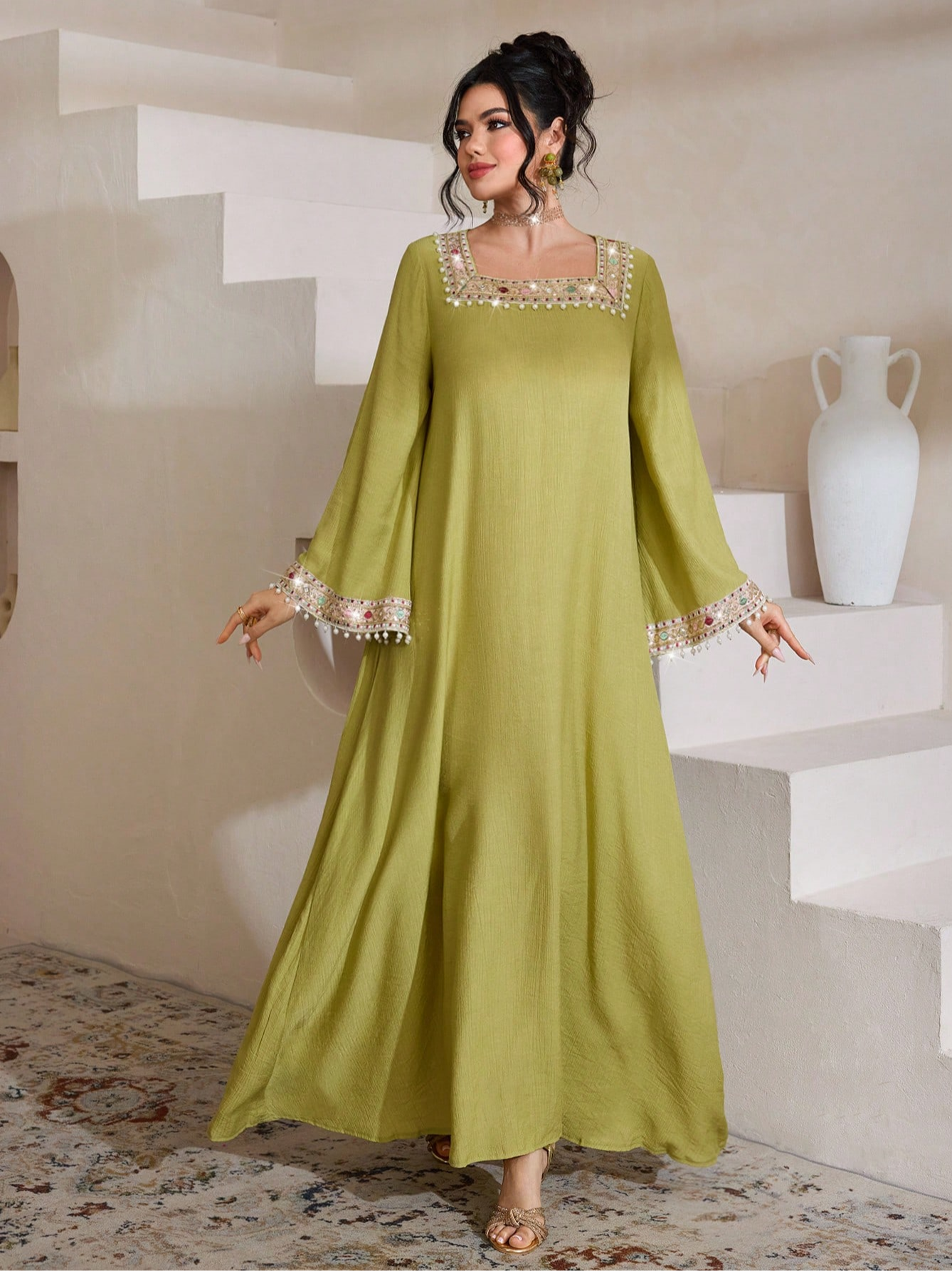 Green Embellished Square Neck Jalabiya