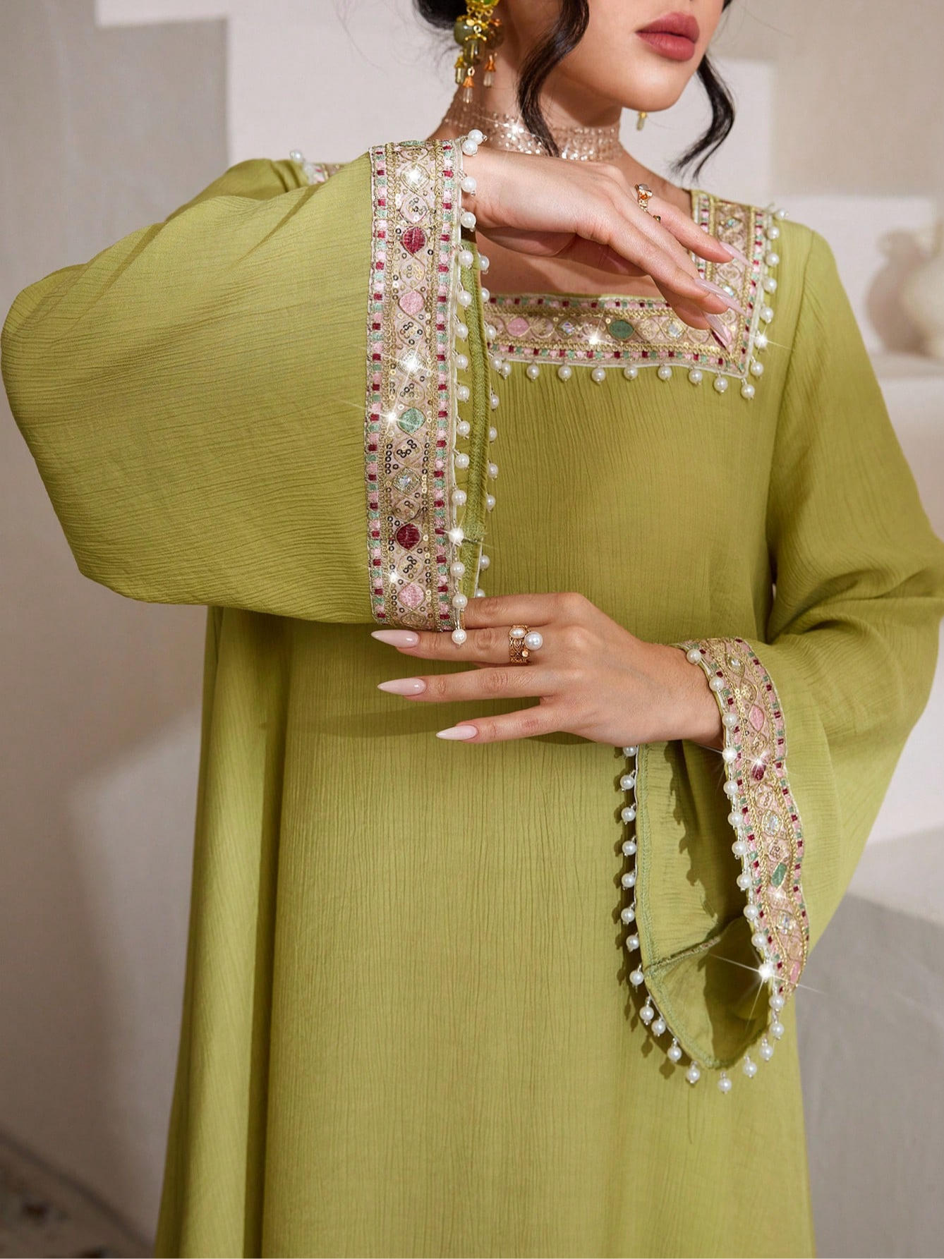 Green Embellished Square Neck Jalabiya