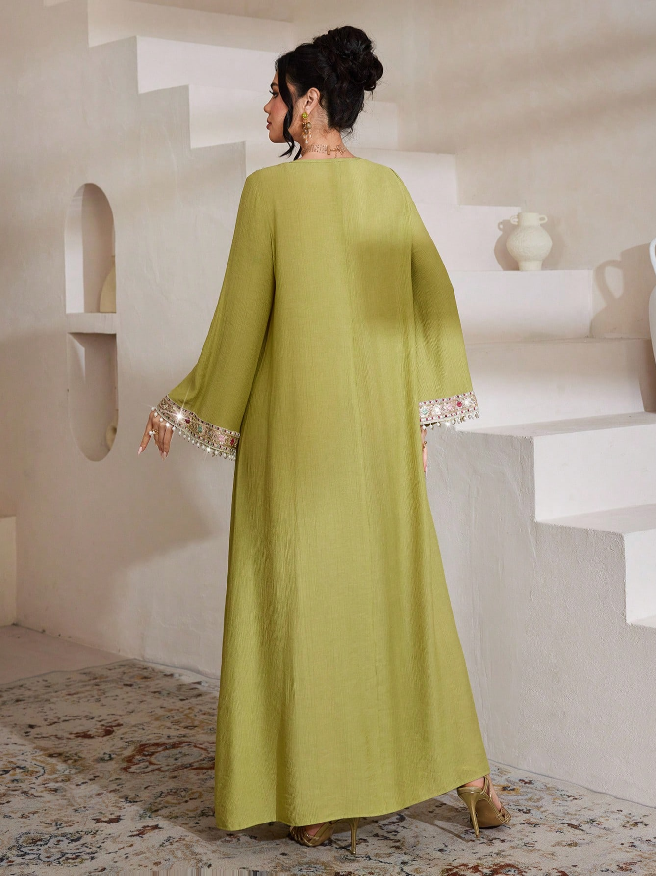 Green Embellished Square Neck Jalabiya