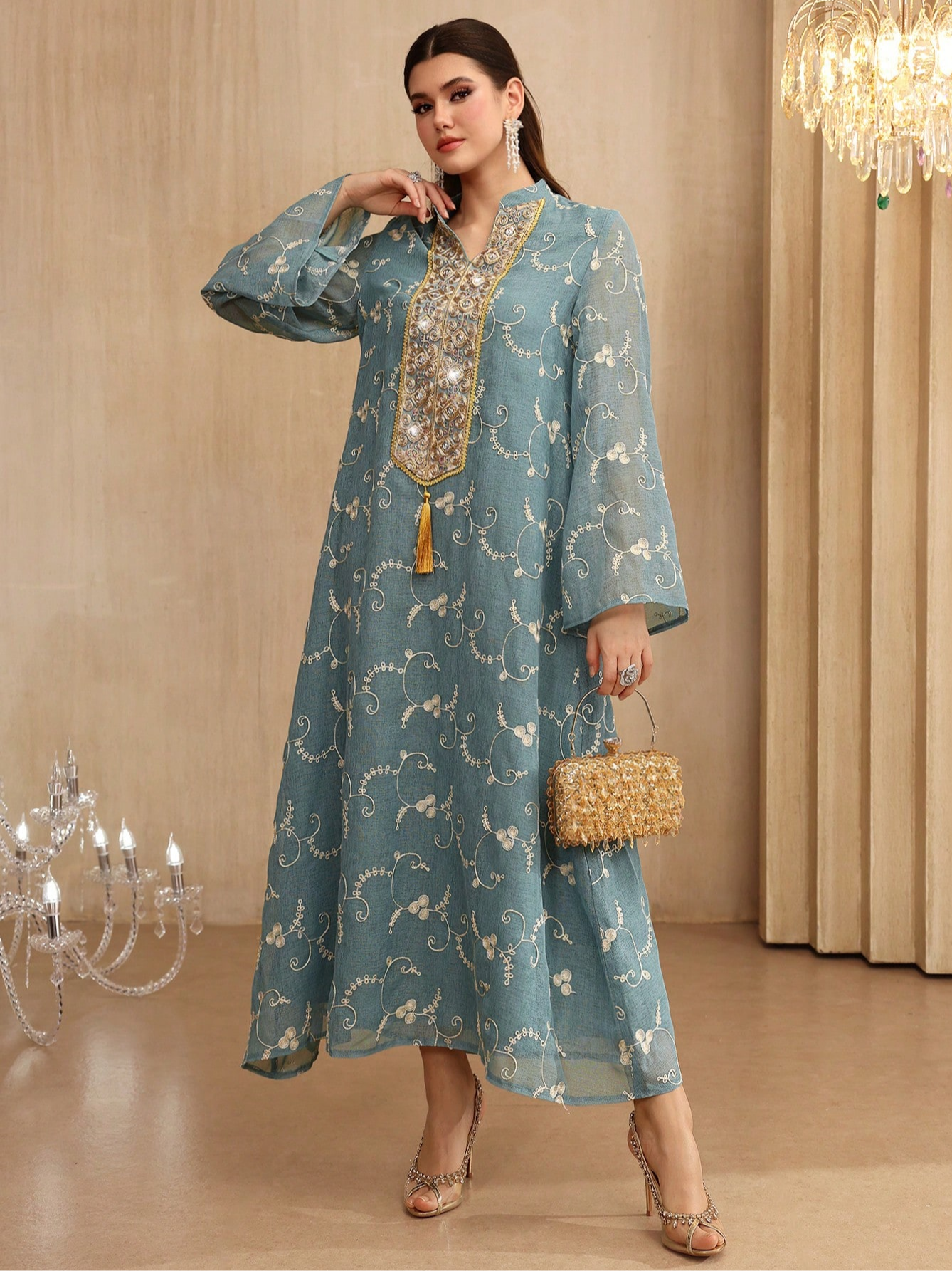 Blue Embroidered Maxi Jalabiya