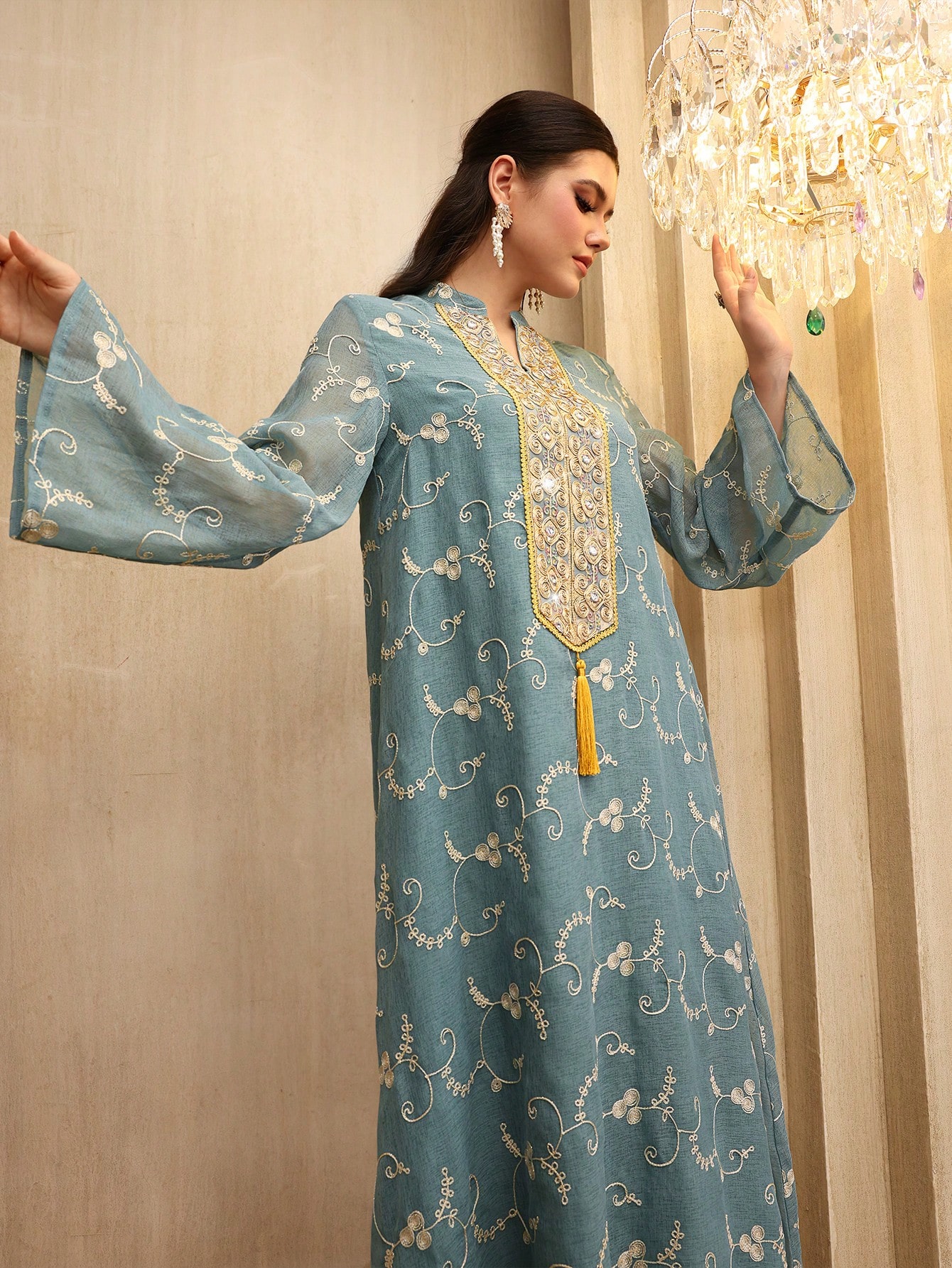 Blue Embroidered Maxi Jalabiya