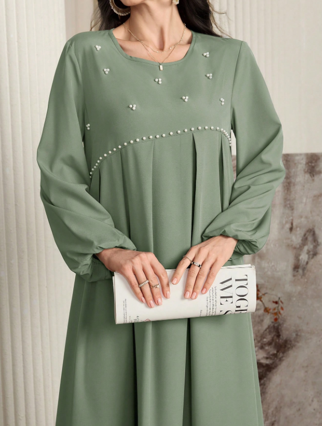Sage Green Jalabiya with Pearl Embellishments