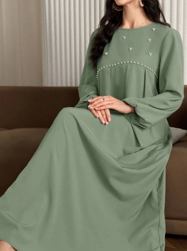 Sage Green Jalabiya with Pearl Embellishments