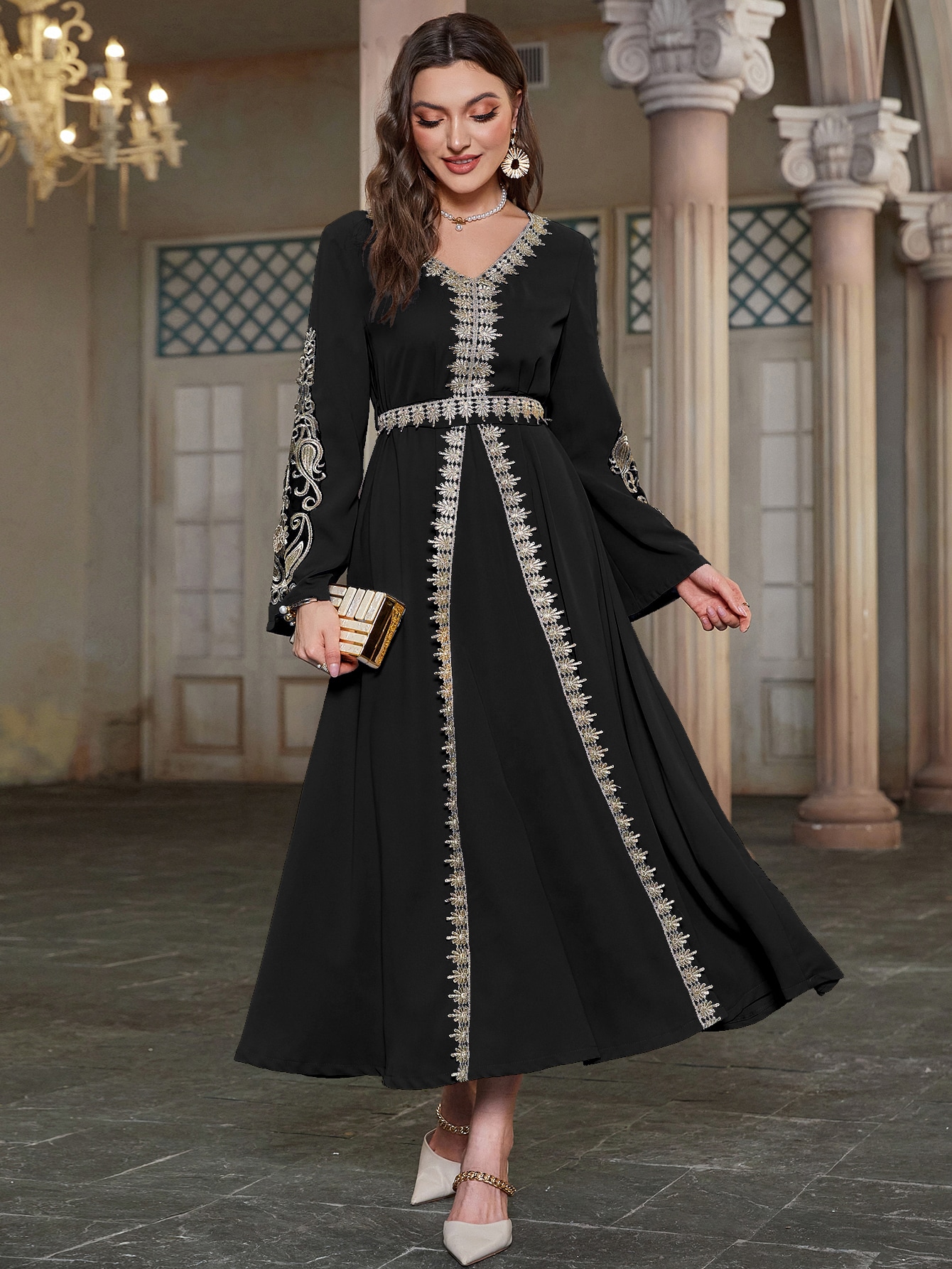 Black Maxi Jalabiya with Gold Embroidery