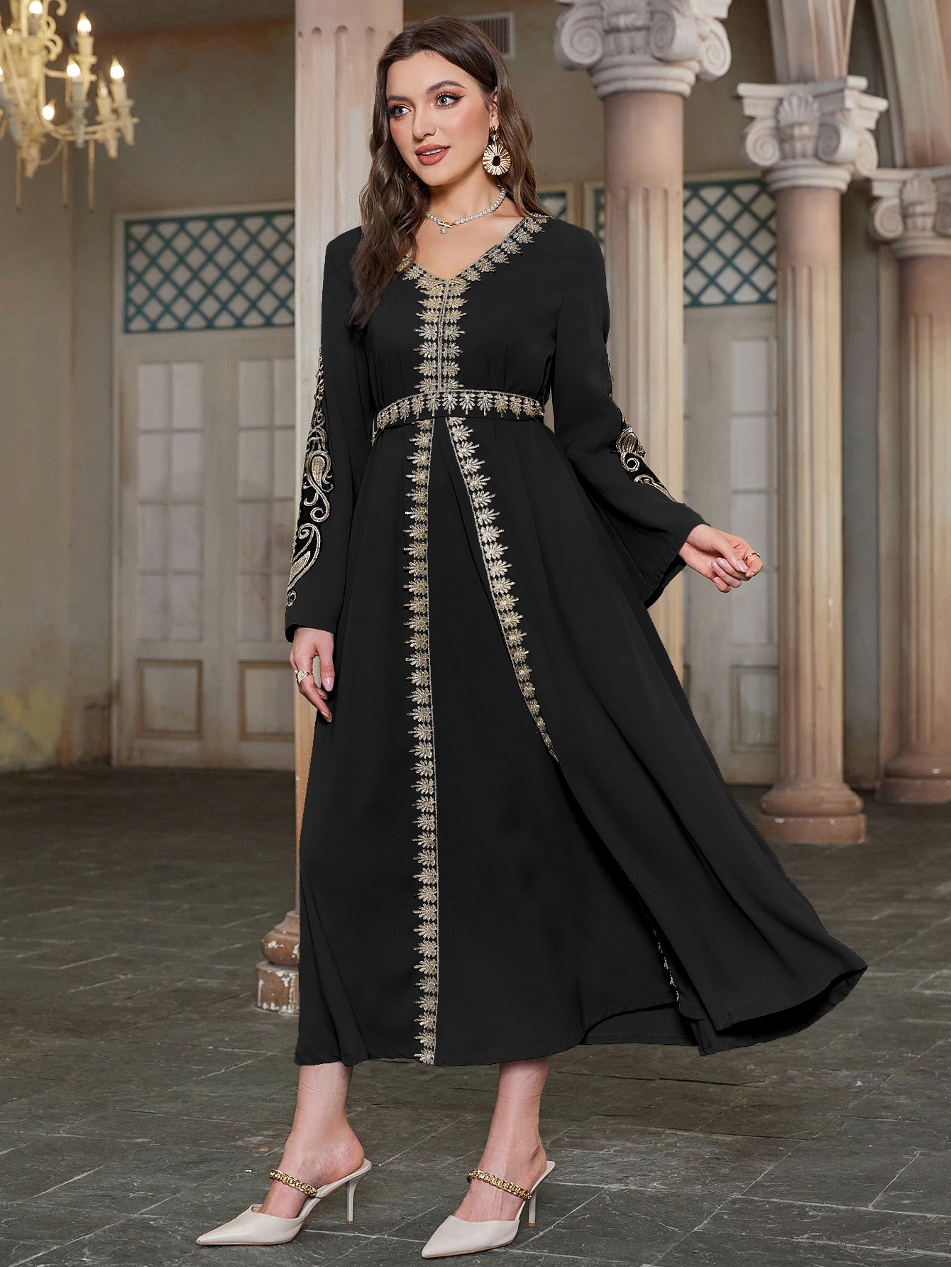 Black Maxi Jalabiya with Gold Embroidery