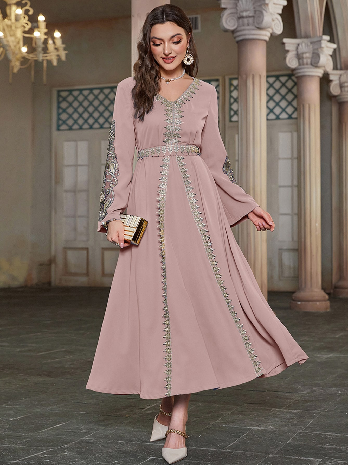 Pink Maxi Jalabiya Dress with Embellished Detail