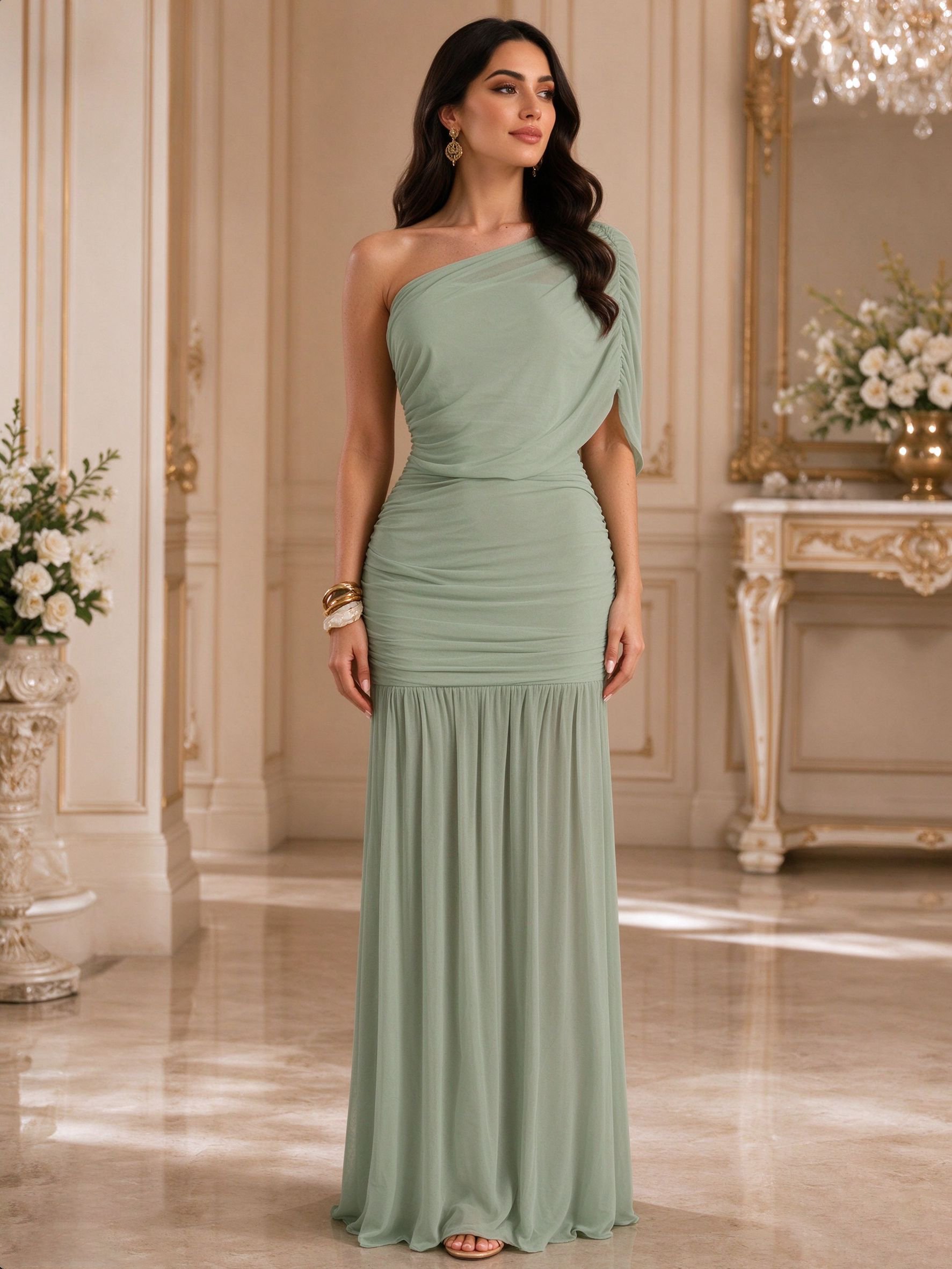 Green Solid One Shoulder Neck A-Line Maxi Dress