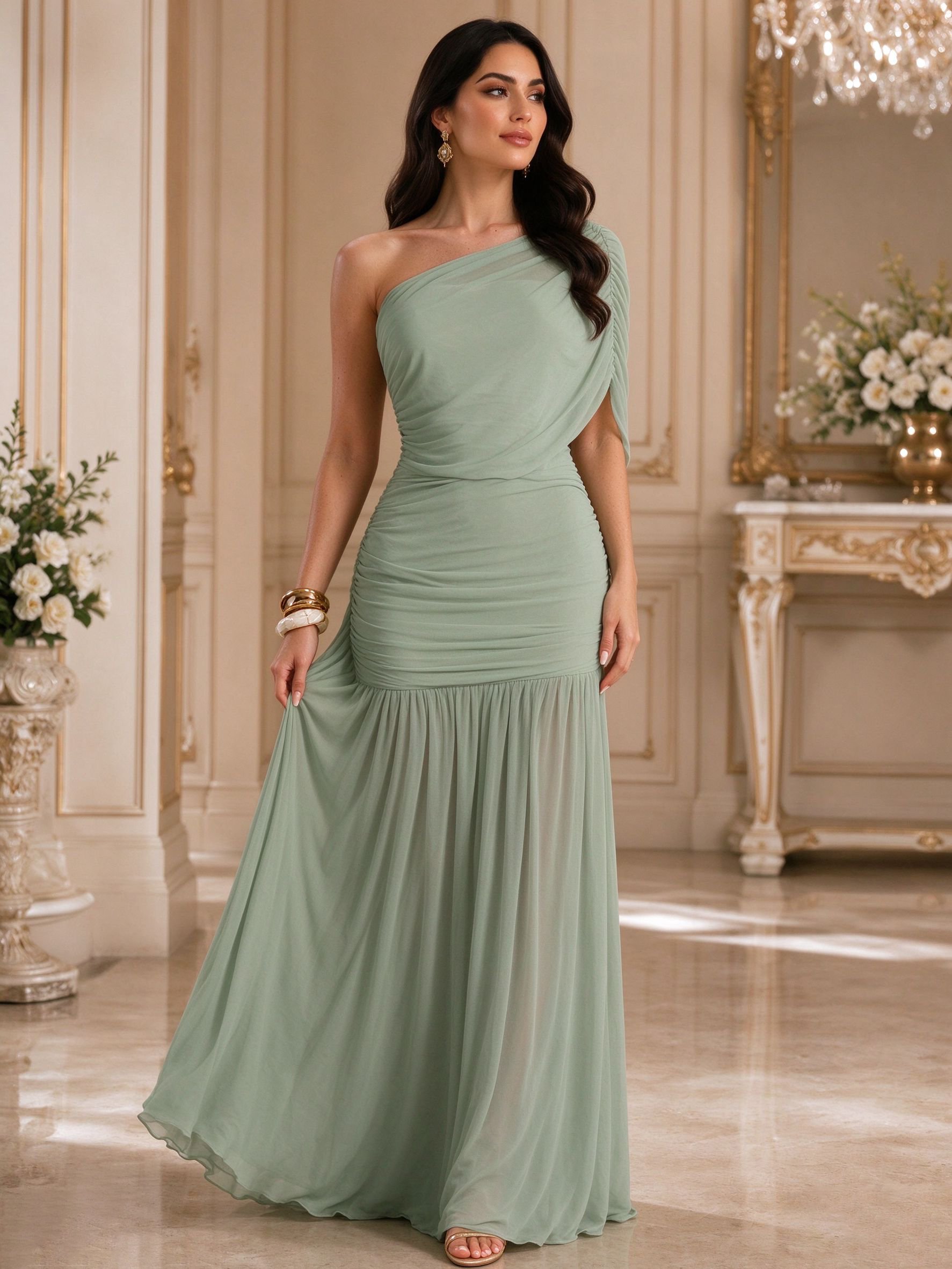 Green Solid One Shoulder Neck A-Line Maxi Dress